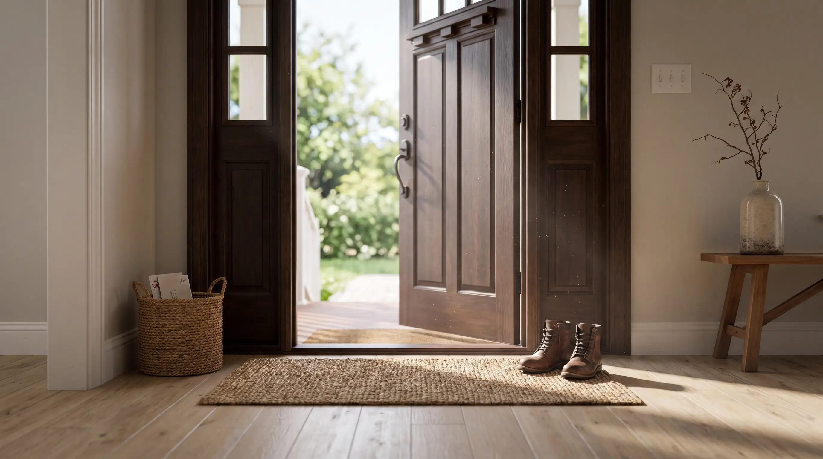 Entryway with a low bench and shoes set aside