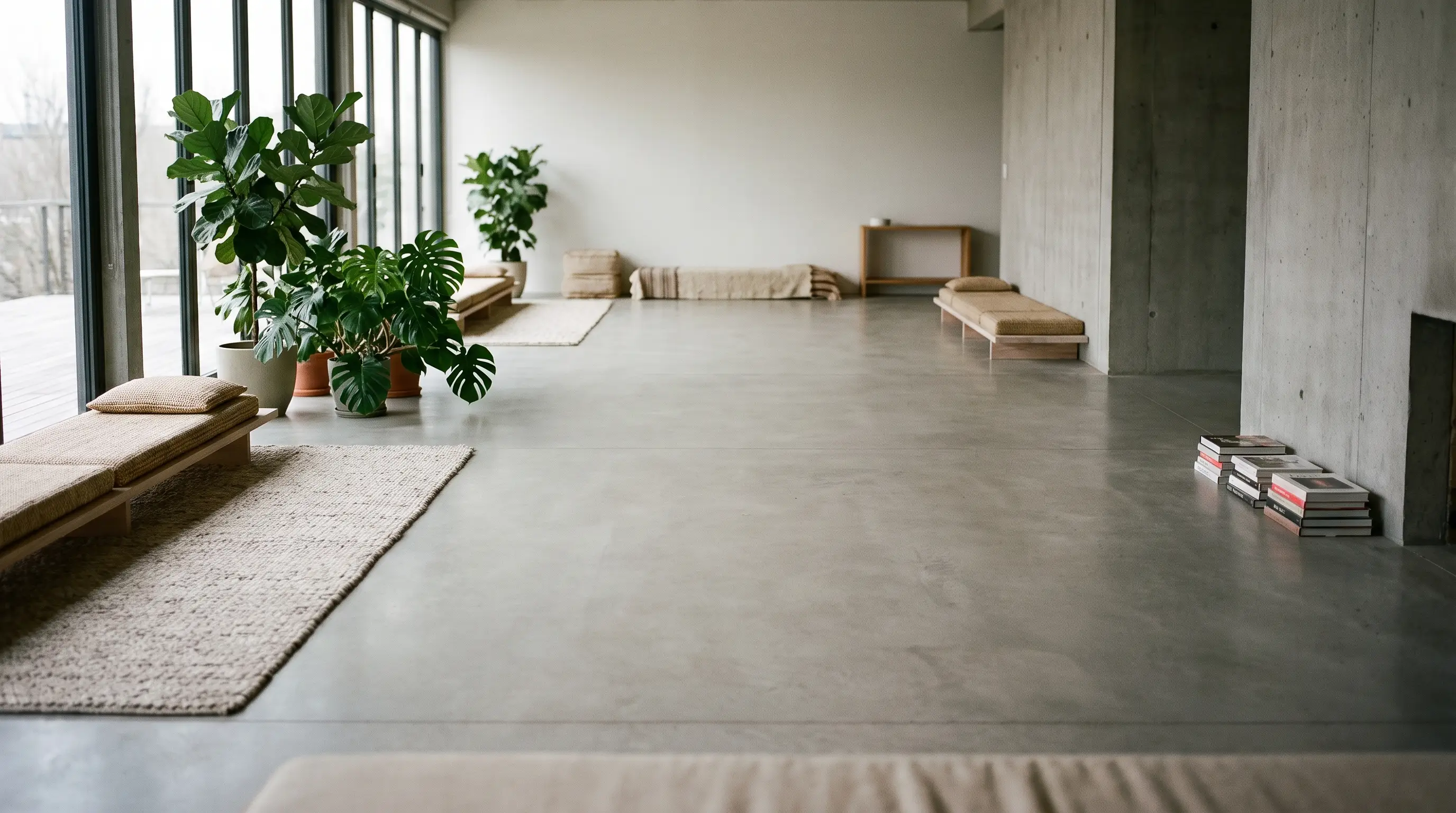 Open living room with a clear floor and plants