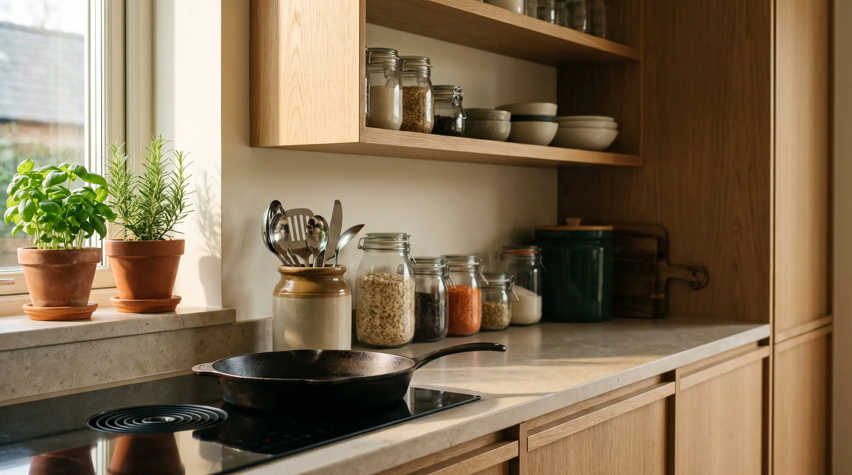 Kitchen in morning light with cast iron and glass storage