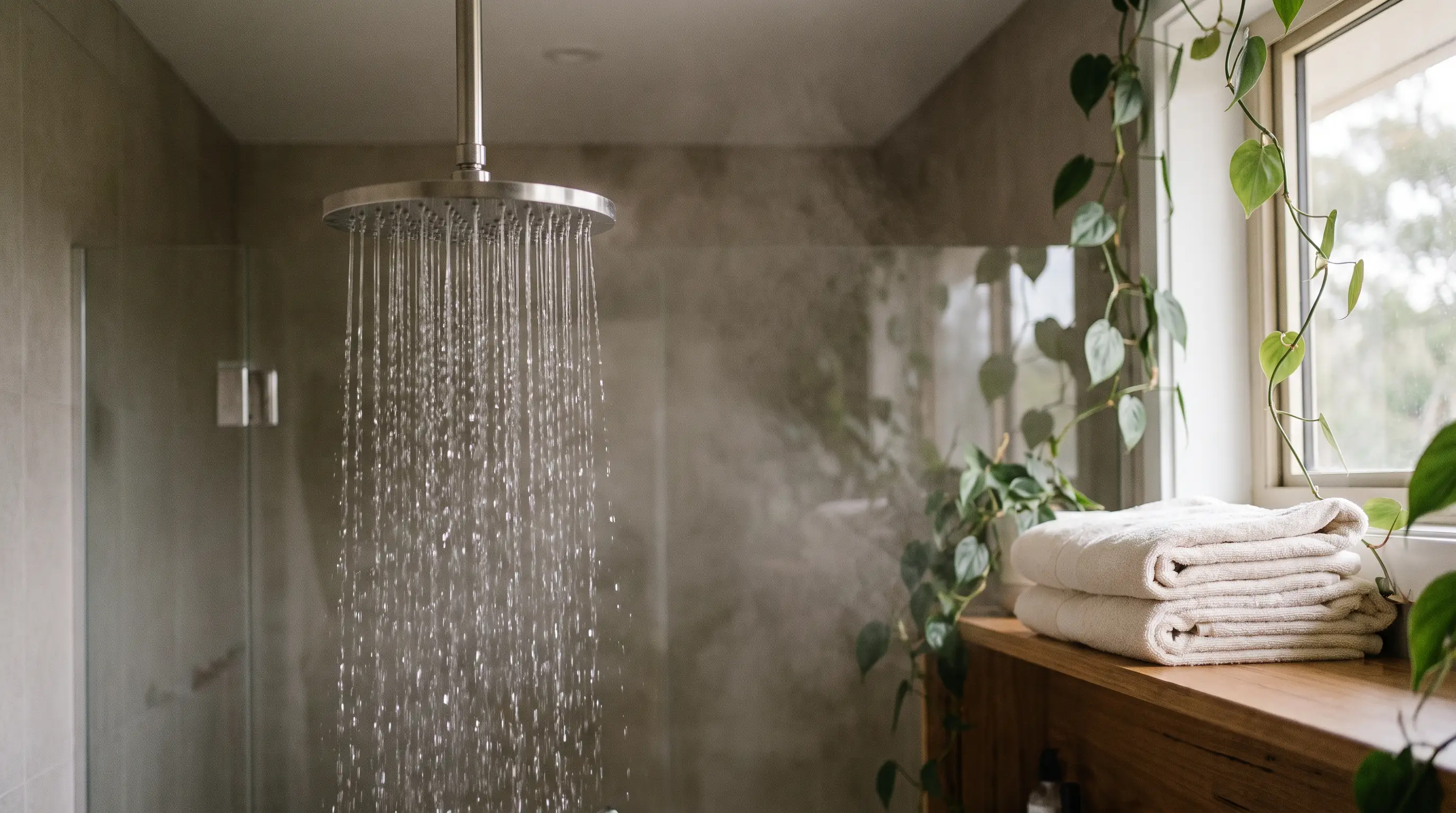 Bathroom with a filtered rainfall shower and daylight