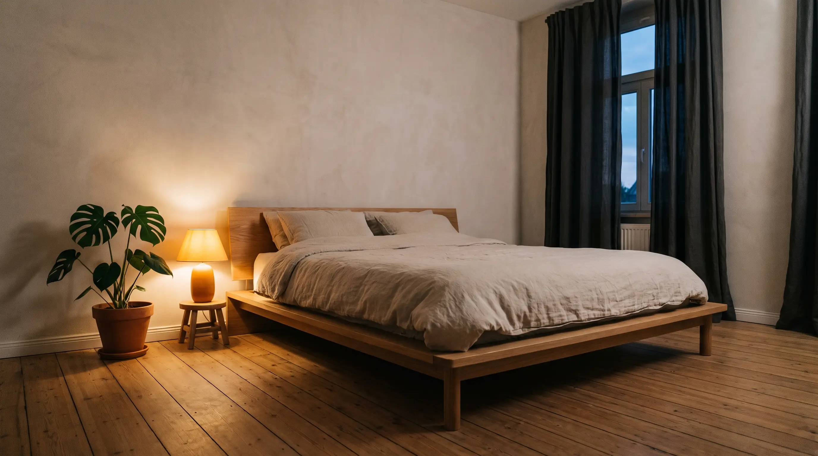 Bedroom at dusk lit by a single warm lamp